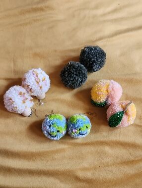 Handmade Pom Pom Earrings - Multicolor Plush Dangle